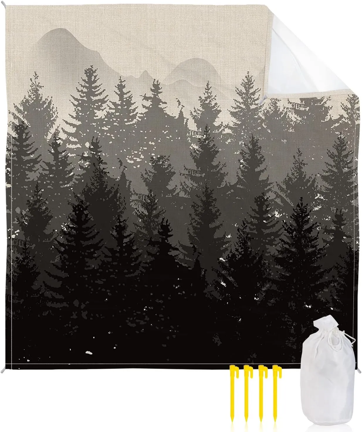Beach Blanket Sandproof, Fall Forest Silhouette Black Geay Art Oil Painting Linen Waterproof Beach Mat Lightweight Quick Drying Picnic Blanket Beach Essentials for Travel Camping Hiking 95x80in