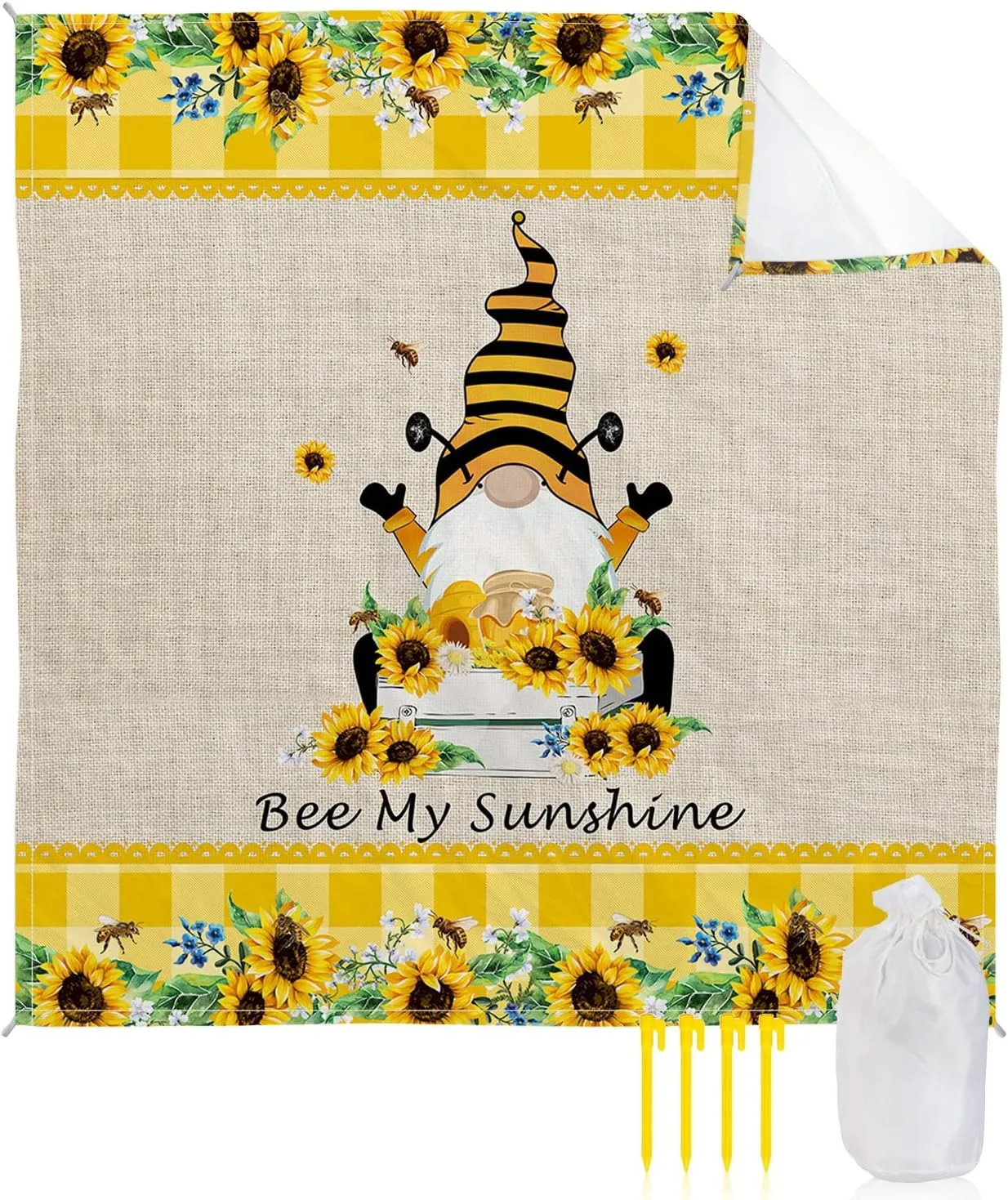 Beach Blanket Sandproof, Gnome Sunflower Plaid Cotton and Linen Texture Waterproof Beach Mat Lightweight Quick Drying Picnic Blanket Beach Essentials for Travel Camping Hiking 83x79in
