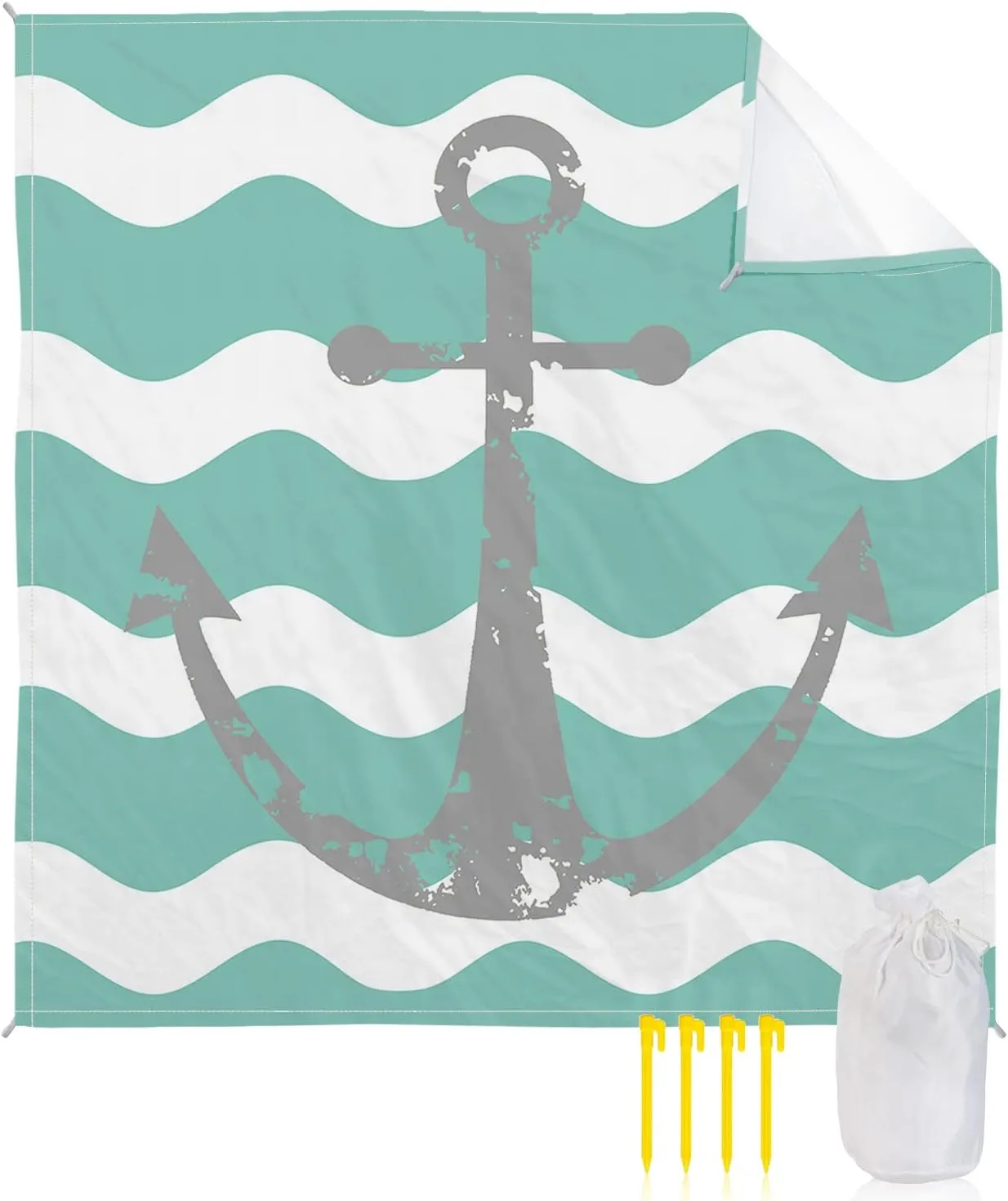 Beach Blanket Sandproof, Grey Nautical Anchor Teal Turquoise Wavy Stripes Waterproof Beach Mat Lightweight Quick Drying Picnic Blanket Beach Essentials for Travel Camping Hiking 118x108in