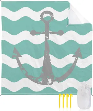 Beach Blanket Sandproof, Grey Nautical Anchor Teal Turquoise Wavy Stripes Waterproof Beach Mat Lightweight Quick Drying Picnic Blanket Beach Essentials for Travel Camping Hiking 118x108in
