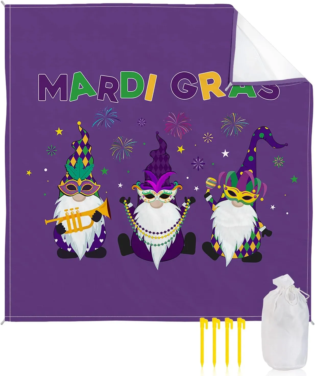 Beach Blanket Sandproof, Happy Carnival Gnomes Dark Purple Pattern Waterproof Beach Mat Lightweight Quick Drying Picnic Blanket Beach Essentials for Travel Camping Hiking 95x80in
