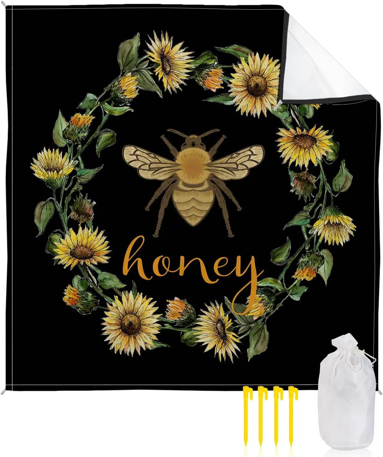 Beach Blanket Sandproof, Honey Bee Flower Sunflower Retro Black Background Waterproof Beach Mat Lightweight Quick Drying Picnic Blanket Beach Essentials for Travel Camping Hiking 108x84in