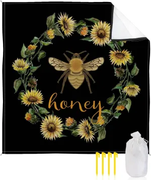 Beach Blanket Sandproof, Honey Bee Flower Sunflower Retro Black Background Waterproof Beach Mat Lightweight Quick Drying Picnic Blanket Beach Essentials for Travel Camping Hiking 108x84in