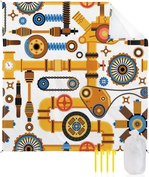 Beach Blanket Sandproof, Mechanical Yellow Bicycle Car Chain Water Pipe Steam Waterproof Beach Mat Lightweight Quick Drying Picnic Blanket Beach Essentials for Travel Camping Hiking 95x80in