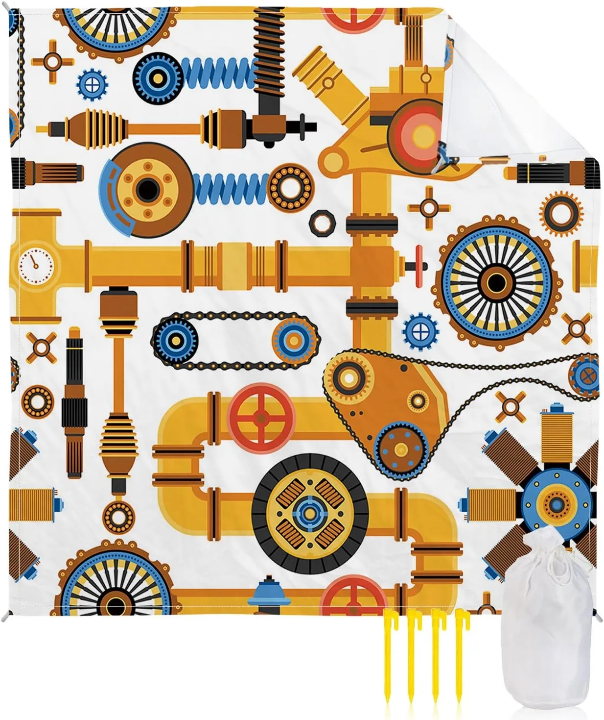 Beach Blanket Sandproof, Mechanical Yellow Bicycle Car Chain Water Pipe Steam Waterproof Beach Mat Lightweight Quick Drying Picnic Blanket Beach Essentials for Travel Camping Hiking 95x80in