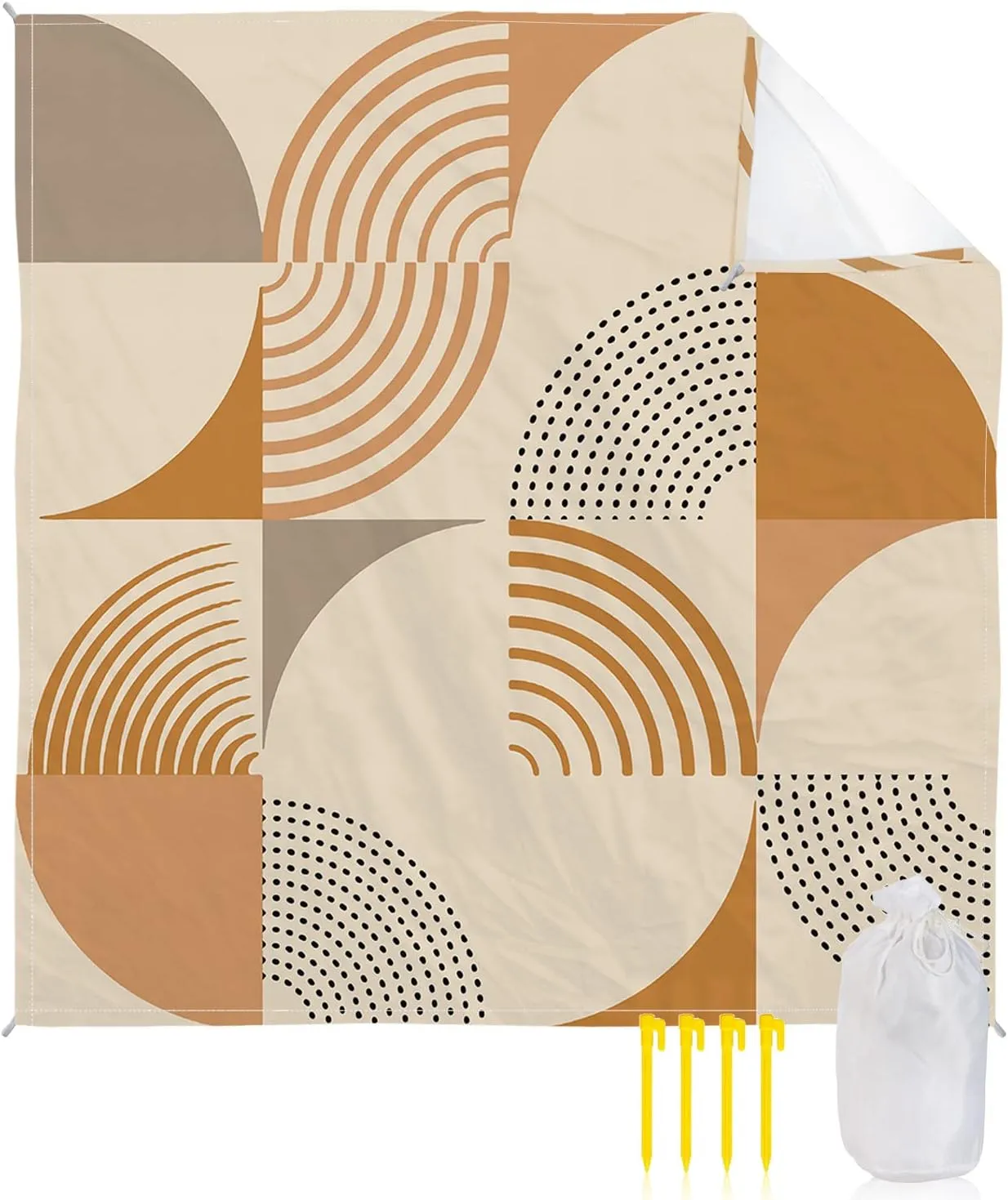 Beach Blanket Sandproof, Mid Century Brown Orange Lines Abstract Waterproof Beach Mat Lightweight Quick Drying Picnic Blanket Beach Essentials for Travel Camping Hiking 83x79in