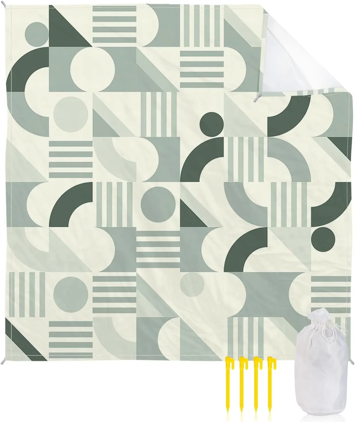 Beach Blanket Sandproof, Mid Century Matcha Color Lines Abstract Waterproof Beach Mat Lightweight Quick Drying Picnic Blanket Beach Essentials for Travel Camping Hiking 118x108in