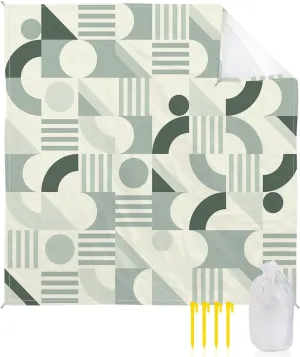 Beach Blanket Sandproof, Mid Century Matcha Color Lines Abstract Waterproof Beach Mat Lightweight Quick Drying Picnic Blanket Beach Essentials for Travel Camping Hiking 118x108in