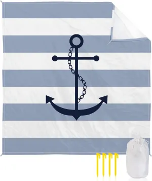 Beach Blanket Sandproof, Nautical Anchor Sky Blue and White Striped Waterproof Beach Mat Lightweight Quick Drying Picnic Blanket Beach Essentials for Travel Camping Hiking 95x80in