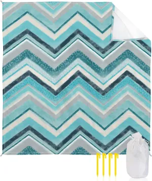 Beach Blanket Sandproof, Northern Europe Blue Geometric Wave Stripes Waterproof Beach Mat Lightweight Quick Drying Picnic Blanket Beach Essentials for Travel Camping Hiking 83x79in