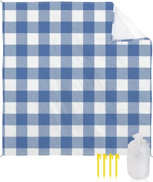 Beach Blanket Sandproof, Pastoral Style Blue Lattice Waterproof Beach Mat Lightweight Quick Drying Picnic Blanket Beach Essentials for Travel Camping Hiking 108x84in