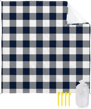 Beach Blanket Sandproof, Pastoral Style Dark Blue Lattice Waterproof Beach Mat Lightweight Quick Drying Picnic Blanket Beach Essentials for Travel Camping Hiking 95x80in