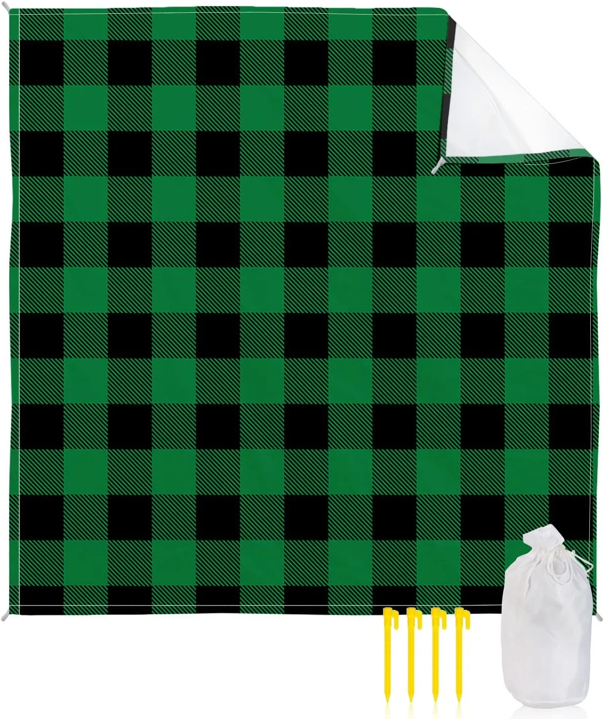 Beach Blanket Sandproof, Pastoral Style Green Black Lattice Waterproof Beach Mat Lightweight Quick Drying Picnic Blanket Beach Essentials for Travel Camping Hiking 118x108in