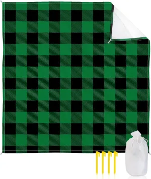 Beach Blanket Sandproof, Pastoral Style Green Black Lattice Waterproof Beach Mat Lightweight Quick Drying Picnic Blanket Beach Essentials for Travel Camping Hiking 118x108in