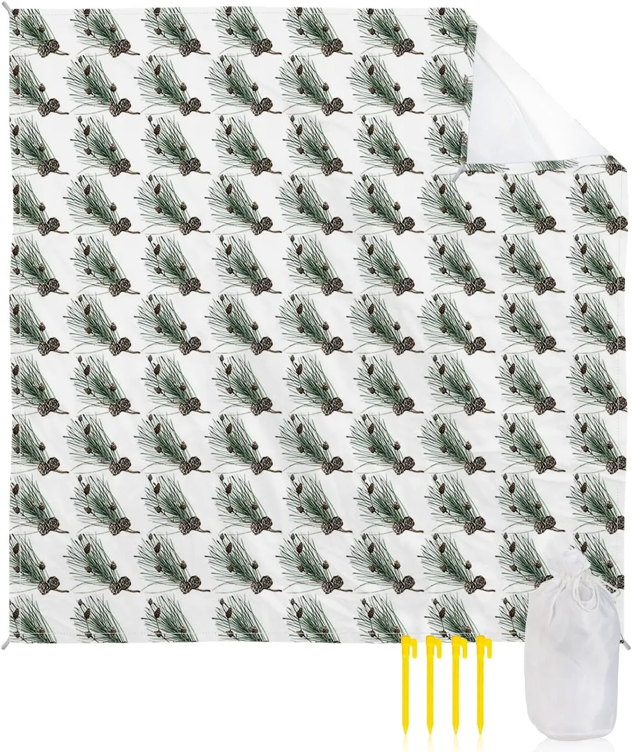 Beach Blanket Sandproof, Pine and Pine Cones White Waterproof Beach Mat Lightweight Quick Drying Picnic Blanket Beach Essentials for Travel Camping Hiking 83x79in