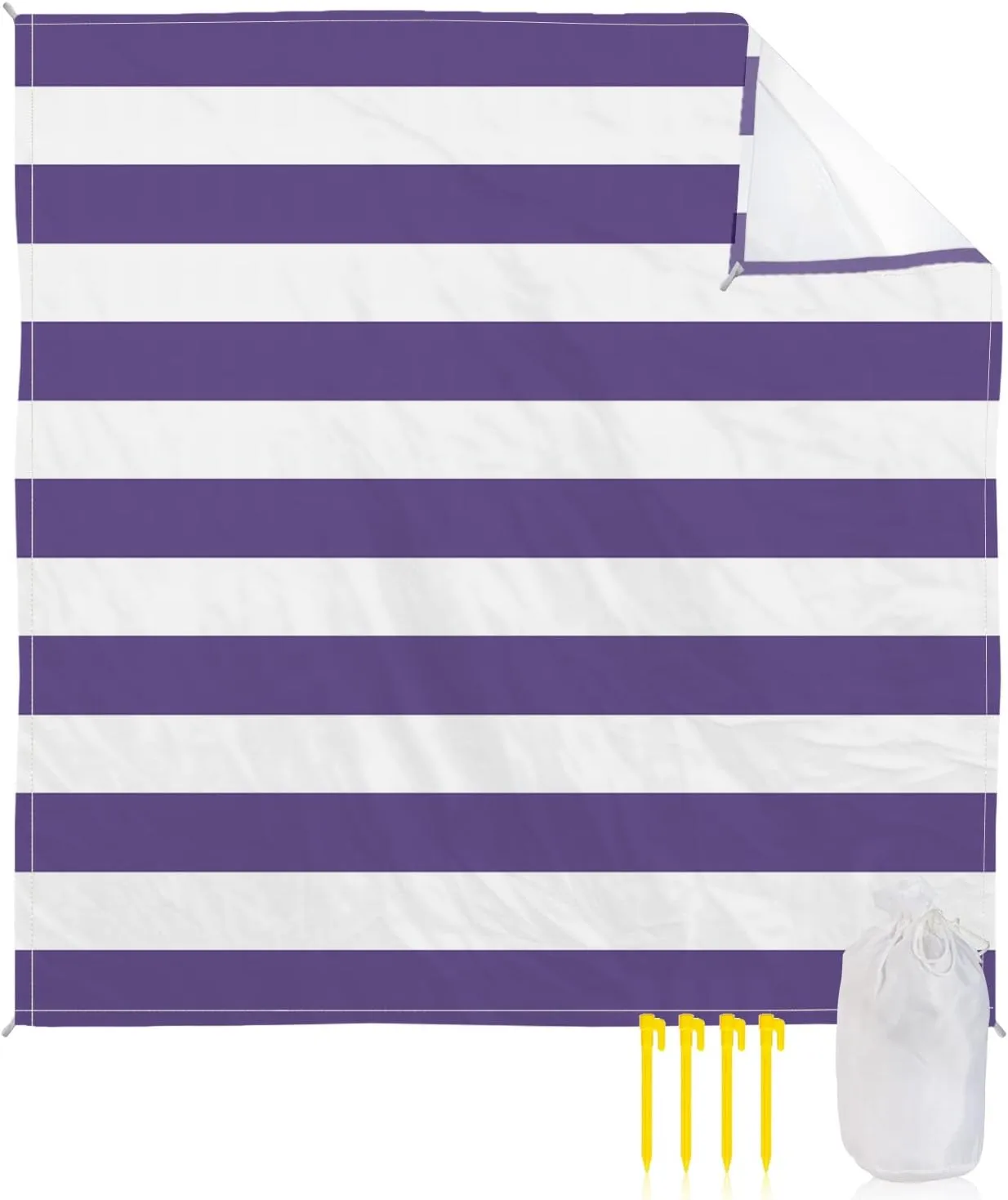 Beach Blanket Sandproof, Purple and White Stripes Waterproof Beach Mat Lightweight Quick Drying Picnic Blanket Beach Essentials for Travel Camping Hiking 83x79in