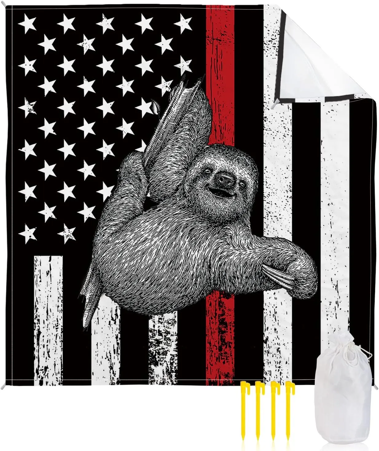 Beach Blanket Sandproof, Red Line American Flag Sloth Waterproof Beach Mat Lightweight Quick Drying Picnic Blanket Beach Essentials for Travel Camping Hiking 95x80in