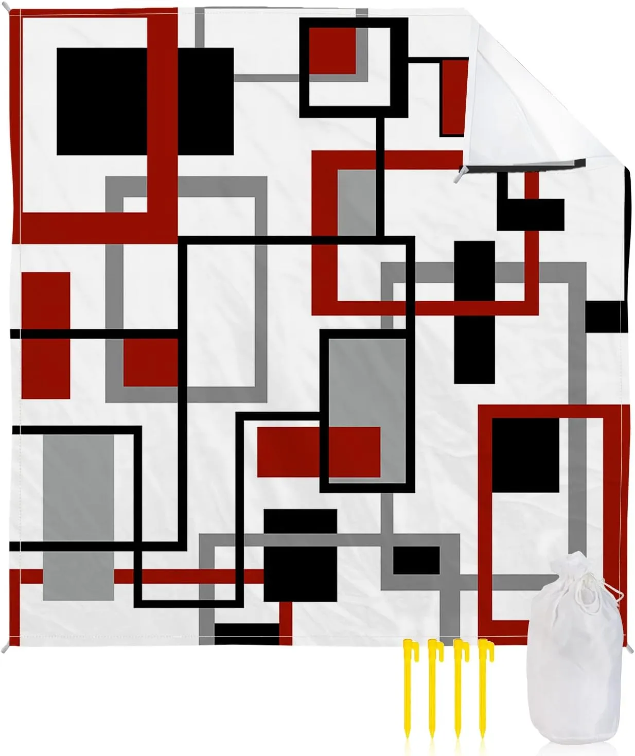Beach Blanket Sandproof, Retro Middle Ages Abstract Red Black Square Waterproof Beach Mat Lightweight Quick Drying Picnic Blanket Beach Essentials for Travel Camping Hiking 83x79in