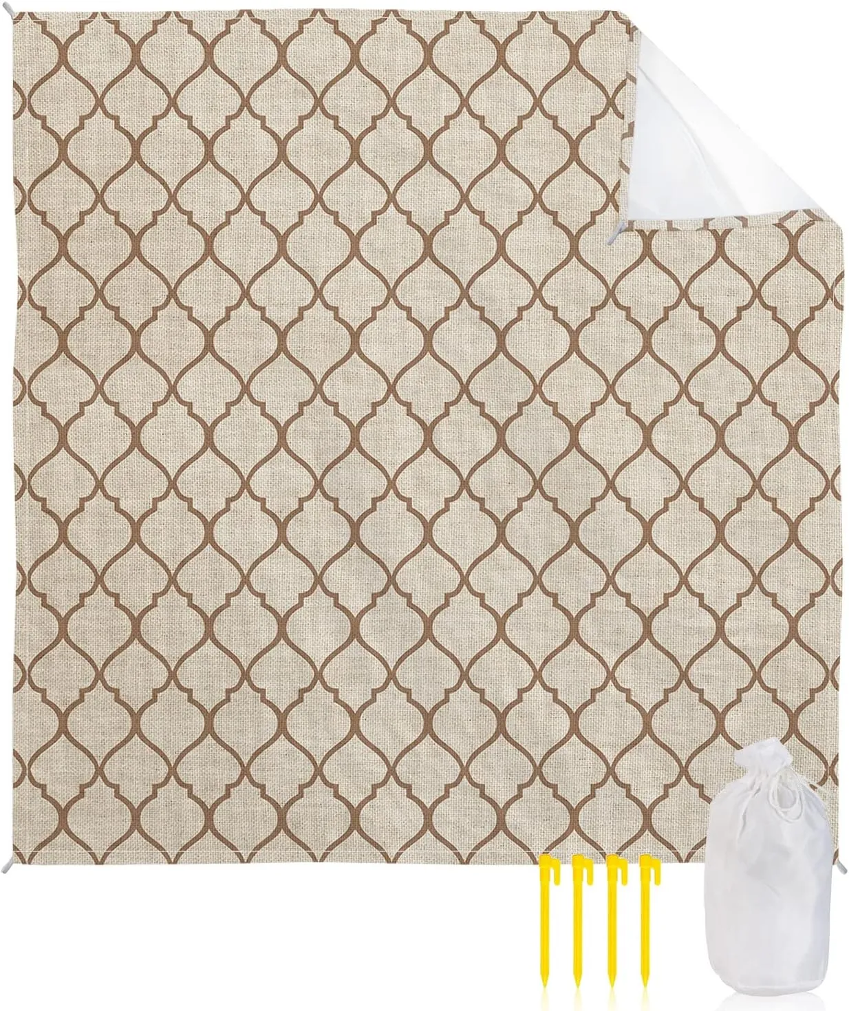 Beach Blanket Sandproof, Rustic Moroccan Geometric Quatrefoil Khaki Lattice Waterproof Beach Mat Lightweight Quick Drying Picnic Blanket Beach Essentials for Travel Camping Hiking 83x79in
