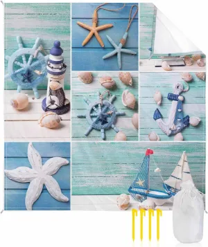 Beach Blanket Sandproof, Shell Starfish Rudder Lighthouse Wood Grain Lattice Waterproof Beach Mat Lightweight Quick Drying Picnic Blanket Beach Essentials for Travel Camping Hiking 108x84in