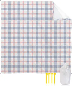 Beach Blanket Sandproof, Simple Teal Red Geometric Buffalo Plaid Waterproof Beach Mat Lightweight Quick Drying Picnic Blanket Beach Essentials for Travel Camping Hiking 118x108in