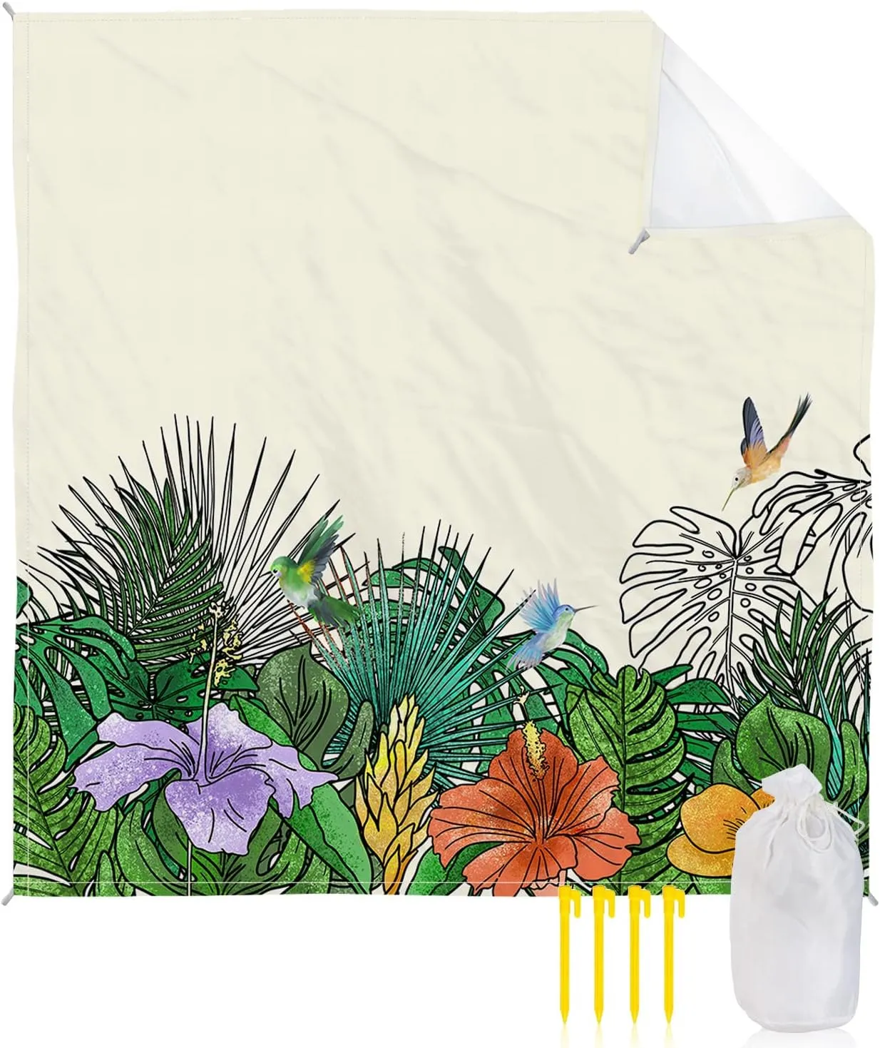 Beach Blanket Sandproof, Summer Flower Hummingbird Palm Plants Beige Waterproof Beach Mat Lightweight Quick Drying Picnic Blanket Beach Essentials for Travel Camping Hiking 95x80in