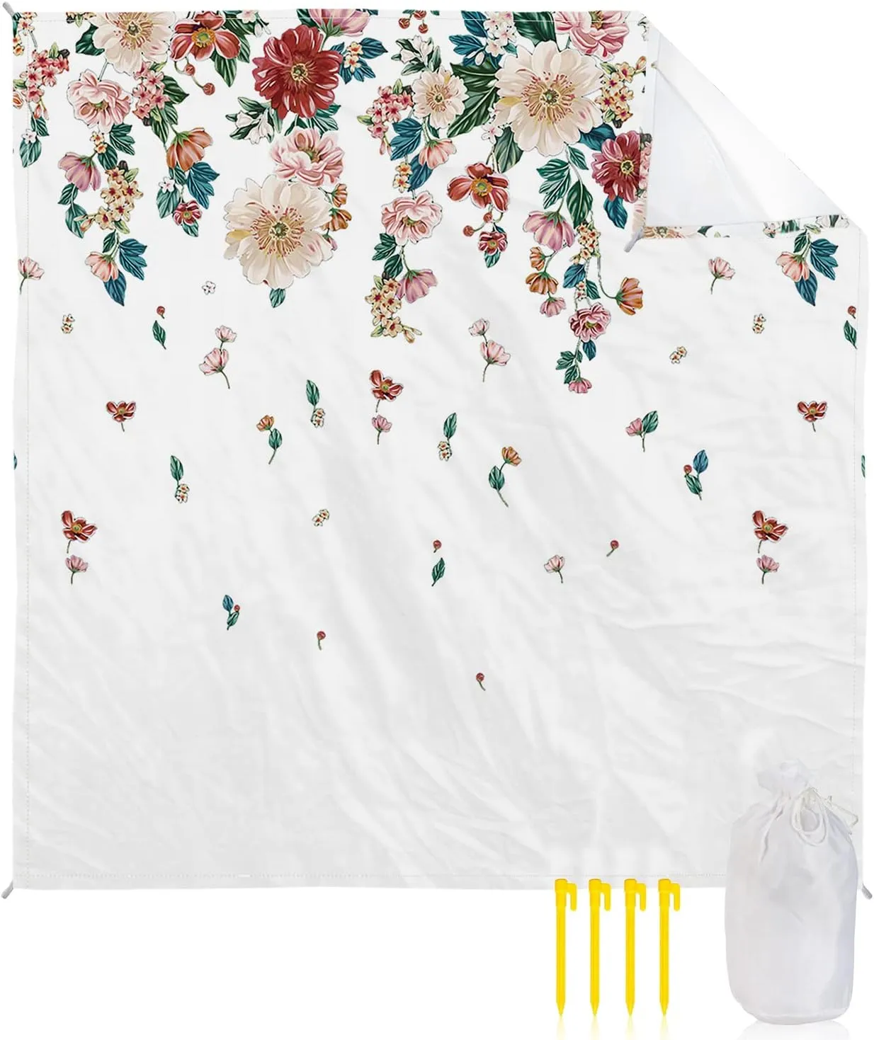 Beach Blanket Sandproof, Summer Plants Red Flowers Pattern Waterproof Beach Mat Lightweight Quick Drying Picnic Blanket Beach Essentials for Travel Camping Hiking 83x79in