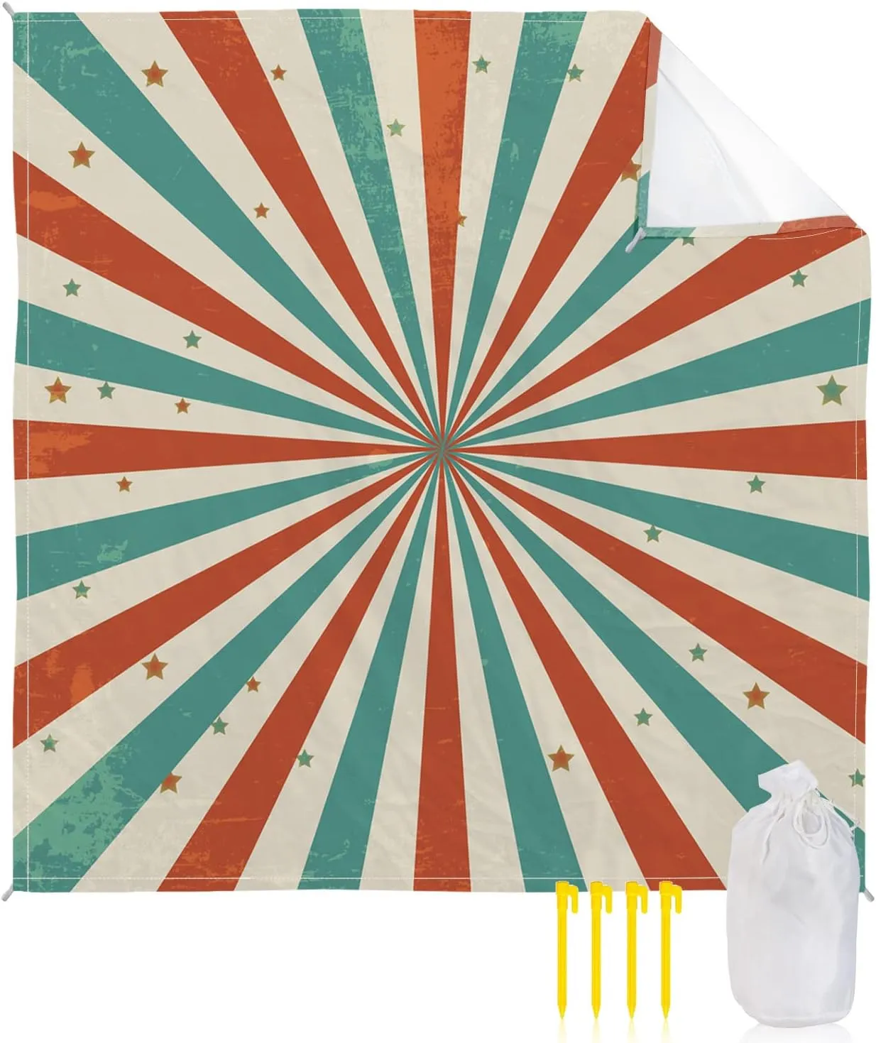 Beach Blanket Sandproof, Vintage Red Green Radiation with Stars Pattern Waterproof Beach Mat Lightweight Quick Drying Picnic Blanket Beach Essentials for Travel Camping Hiking 108x84in