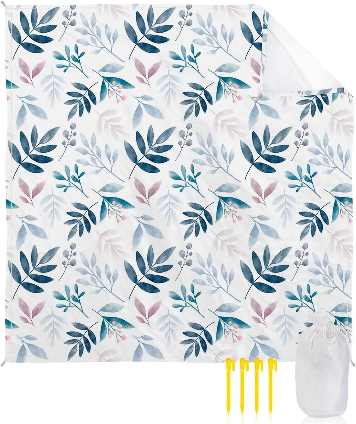 Beach Blanket Sandproof, Watecolour Plants Pattern Waterproof Beach Mat Lightweight Quick Drying Picnic Blanket Beach Essentials for Travel Camping Hiking 118x108in