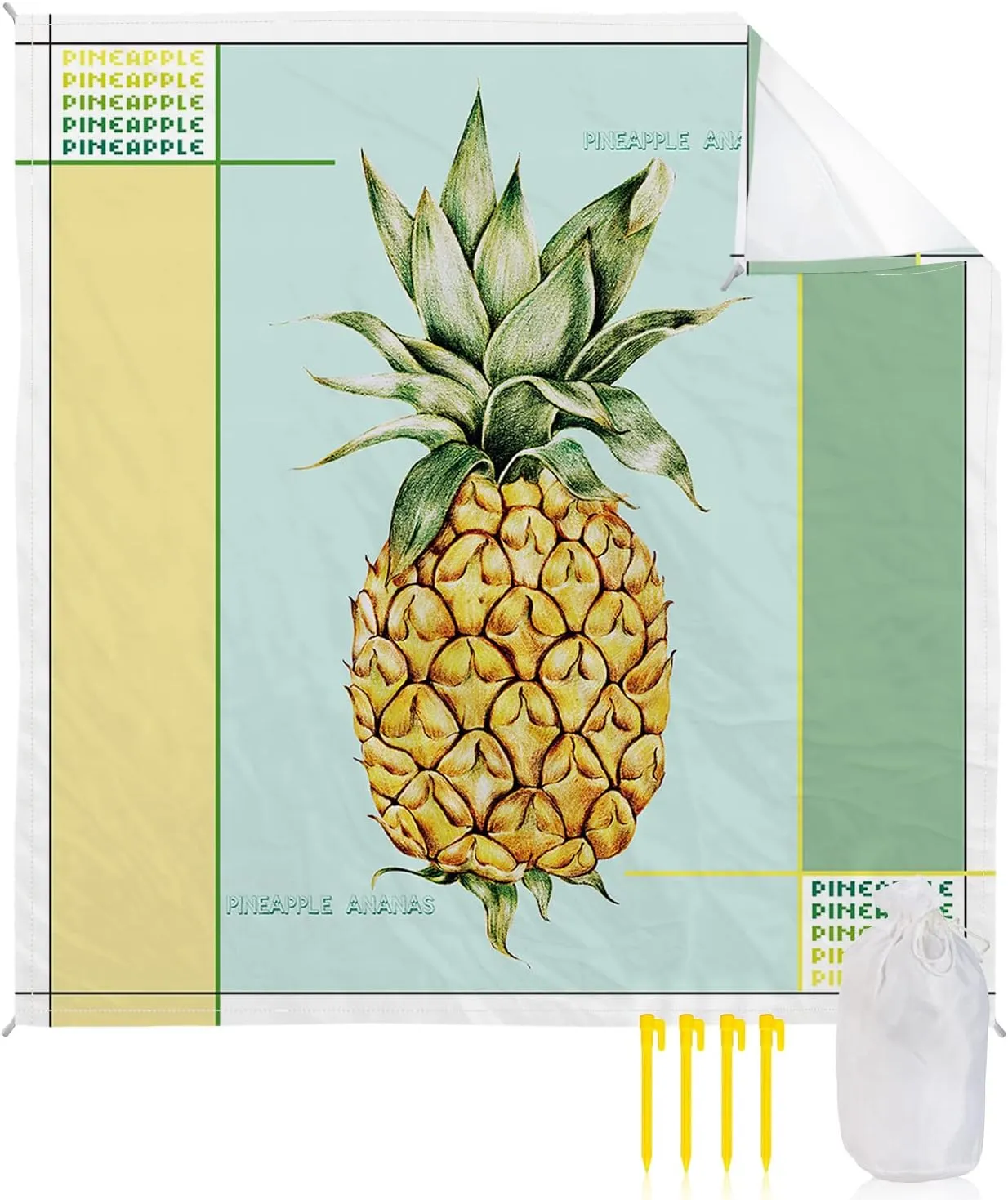 Beach Blanket Sandproof, Watercolor Pineapple Yellow Green Abstract Waterproof Beach Mat Lightweight Quick Drying Picnic Blanket Beach Essentials for Travel Camping Hiking 83x79in