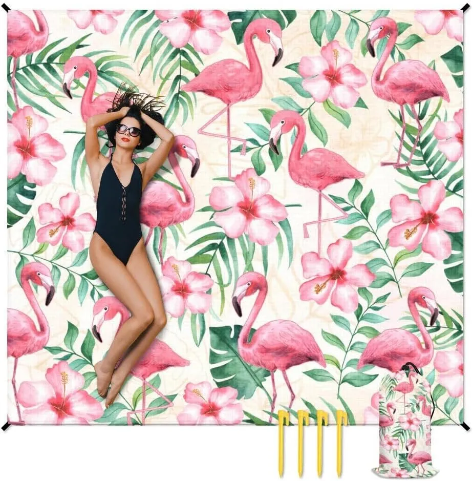 Beach Blanket Sandproof Waterproof, 78''x86'' Large Lightweight Flamingo Beach Mat with 4 Stakes & 4 Corner Pocket, Foldable Sand Free Blanket Essential for Picnic Travel Camping