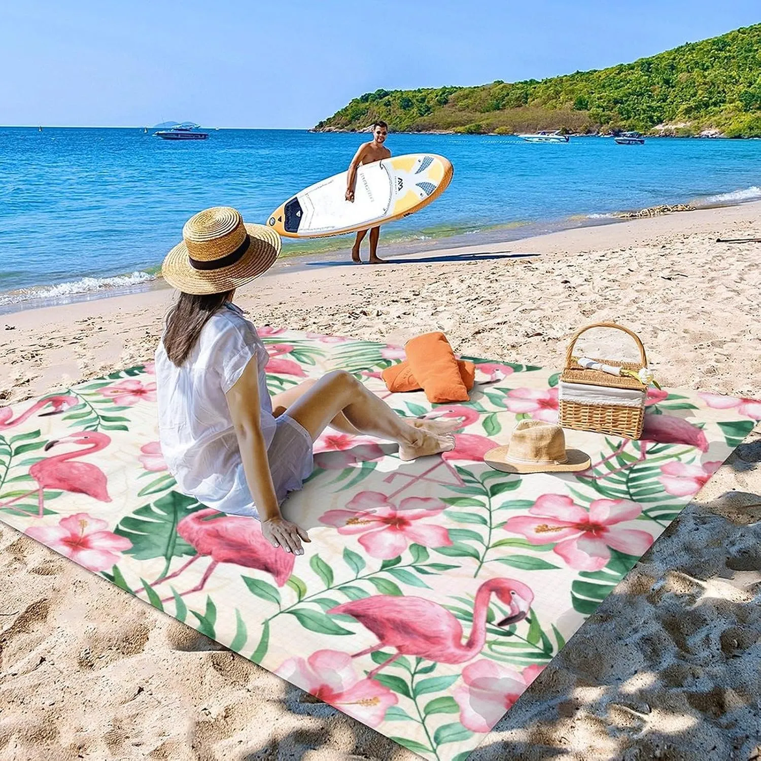 Beach Blanket Sandproof Waterproof, 78''x86'' Large Lightweight Flamingo Beach Mat with 4 Stakes & 4 Corner Pocket, Foldable Sand Free Blanket Essential for Picnic Travel Camping