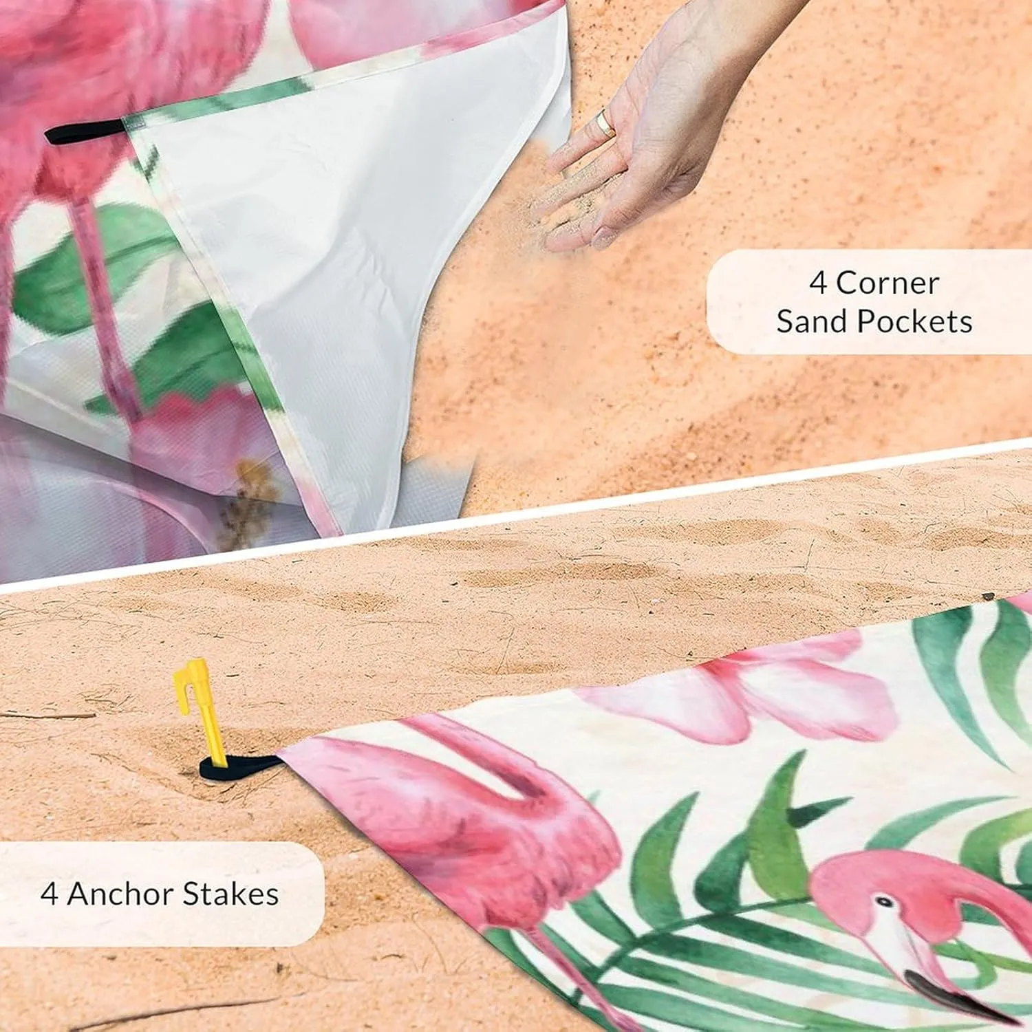 Beach Blanket Sandproof Waterproof, 78''x86'' Large Lightweight Flamingo Beach Mat with 4 Stakes & 4 Corner Pocket, Foldable Sand Free Blanket Essential for Picnic Travel Camping