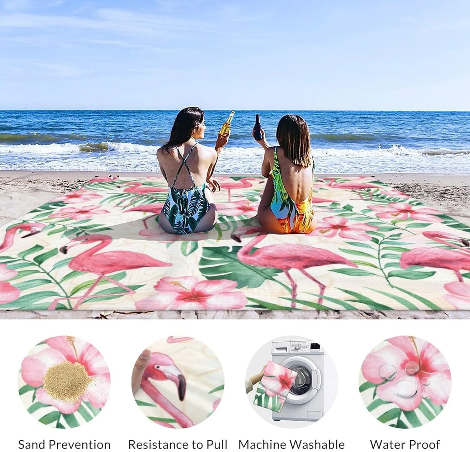 Beach Blanket Sandproof Waterproof, 78''x86'' Large Lightweight Flamingo Beach Mat with 4 Stakes & 4 Corner Pocket, Foldable Sand Free Blanket Essential for Picnic Travel Camping