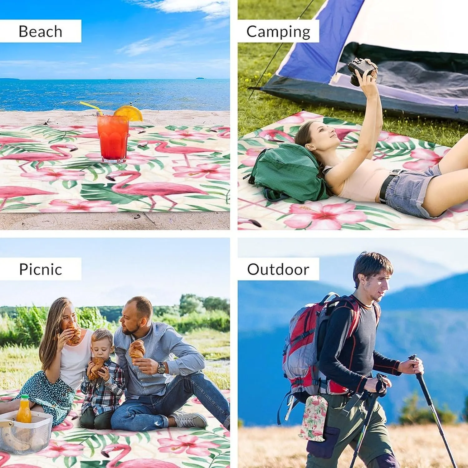 Beach Blanket Sandproof Waterproof, 78''x86'' Large Lightweight Flamingo Beach Mat with 4 Stakes & 4 Corner Pocket, Foldable Sand Free Blanket Essential for Picnic Travel Camping