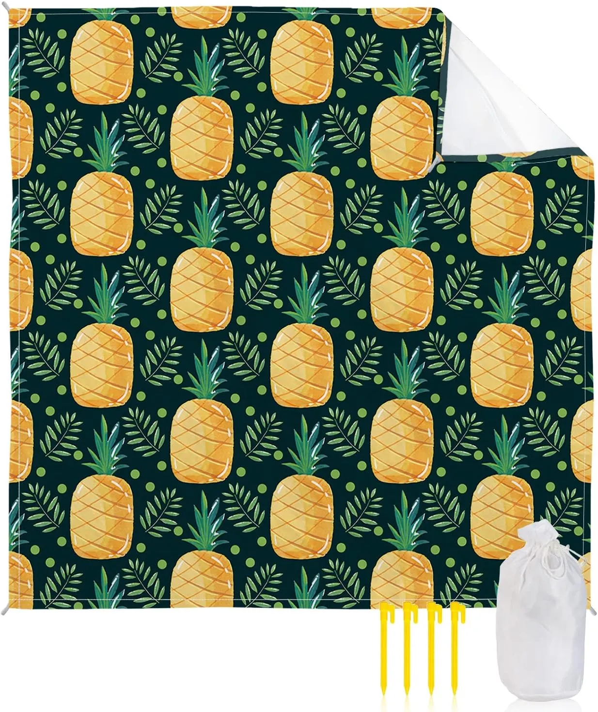 Beach Blanket Sandproof, Yellow Mature Pineapple Green Leaves Green Waterproof Beach Mat Lightweight Quick Drying Picnic Blanket Beach Essentials for Travel Camping Hiking 118x108in