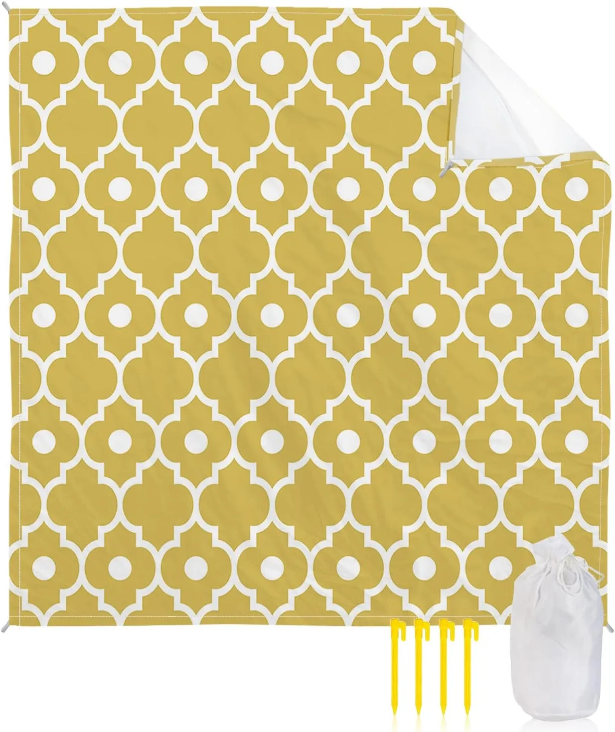 Beach Blanket Sandproof, Yellow Moroccan Tile Pattern Waterproof Beach Mat Lightweight Quick Drying Picnic Blanket Beach Essentials for Travel Camping Hiking 83x79in