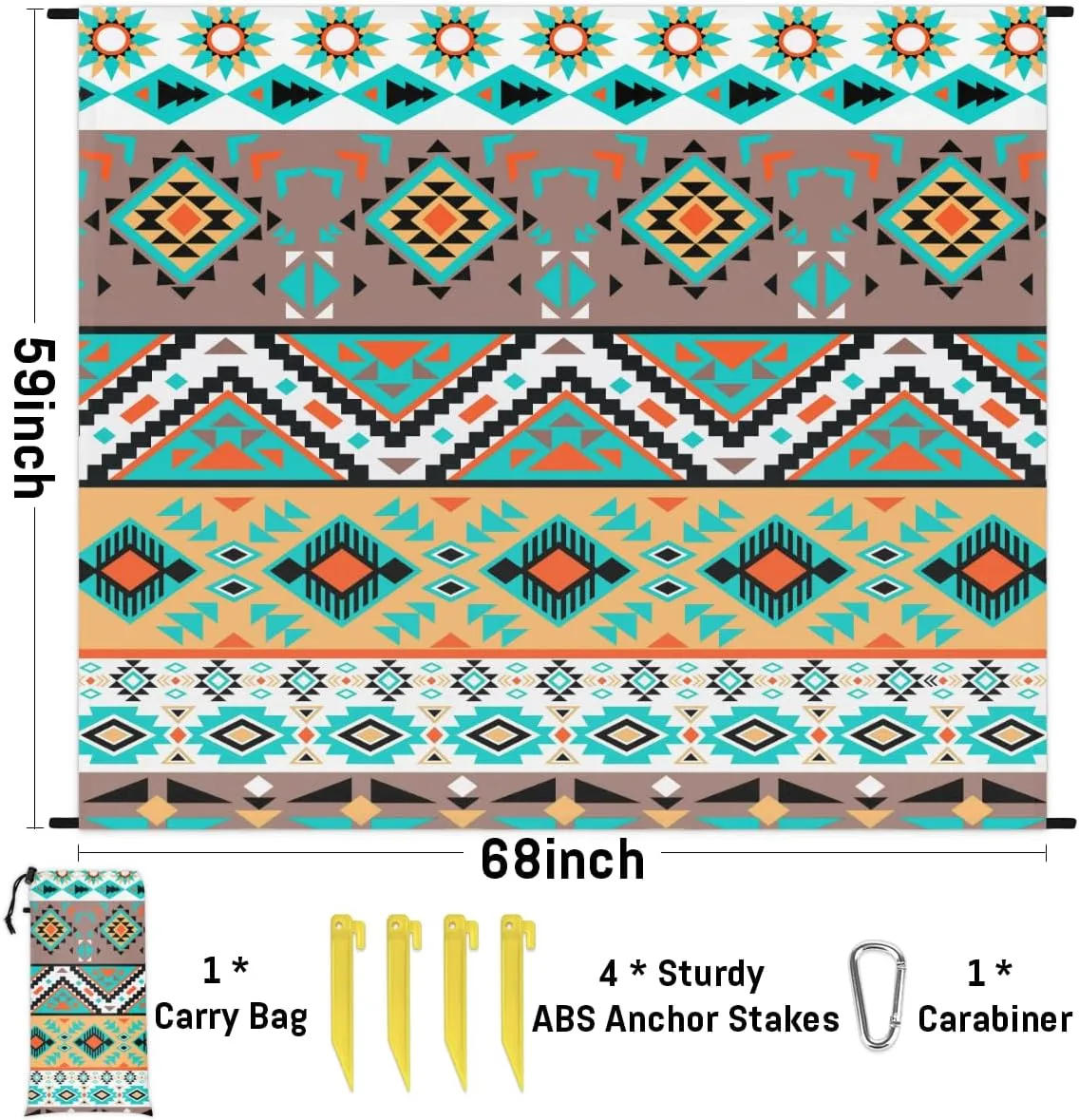 Beach Blanket, Style Design Sandproof Beach Mat, Waterproof Quick Drying Sand Free Mat with 4 x Ground Spikes for Outdoor Travel Camping Hiking, Aztec Art 68 x 59 in