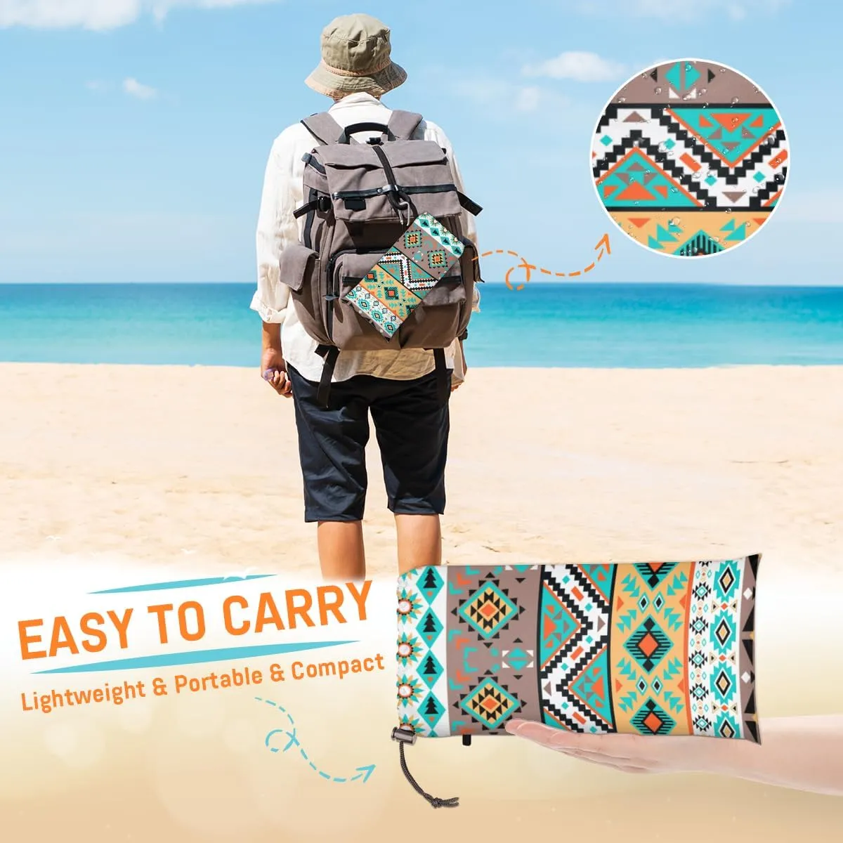Beach Blanket, Style Design Sandproof Beach Mat, Waterproof Quick Drying Sand Free Mat with 4 x Ground Spikes for Outdoor Travel Camping Hiking, Aztec Art 68 x 59 in