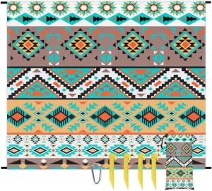 Beach Blanket, Style Design Sandproof Beach Mat, Waterproof Quick Drying Sand Free Mat with 4 x Ground Spikes for Outdoor Travel Camping Hiking, Aztec Art 68 x 59 in