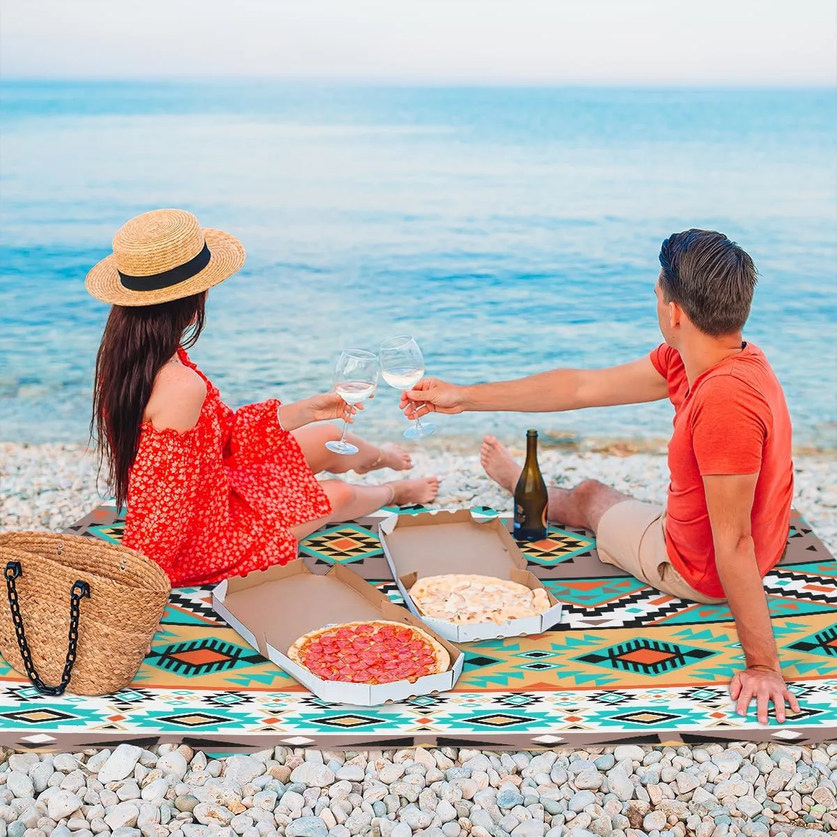 Beach Blanket, Style Design Sandproof Beach Mat, Waterproof Quick Drying Sand Free Mat with 4 x Ground Spikes for Outdoor Travel Camping Hiking, Aztec Art 68 x 59 in