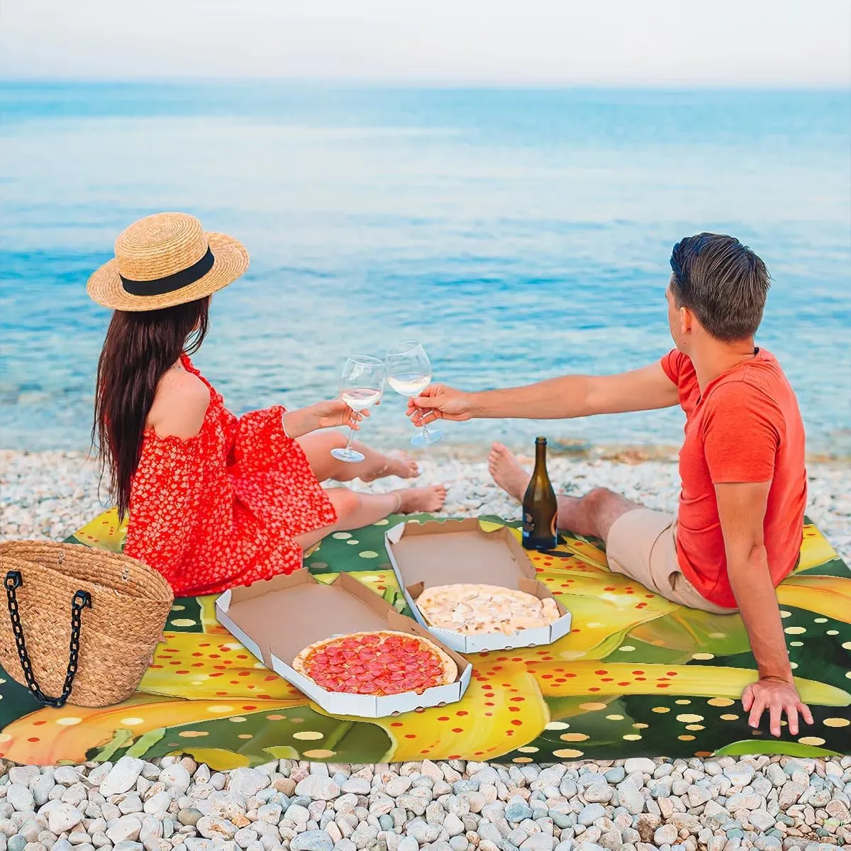 Beach Blanket, Summer Lily Sandproof Beach Mat, Waterproof Quick Drying Sand Free Mat with 4 x Ground Spikes for Outdoor Travel Camping Hiking, Floral 68 x 59 in
