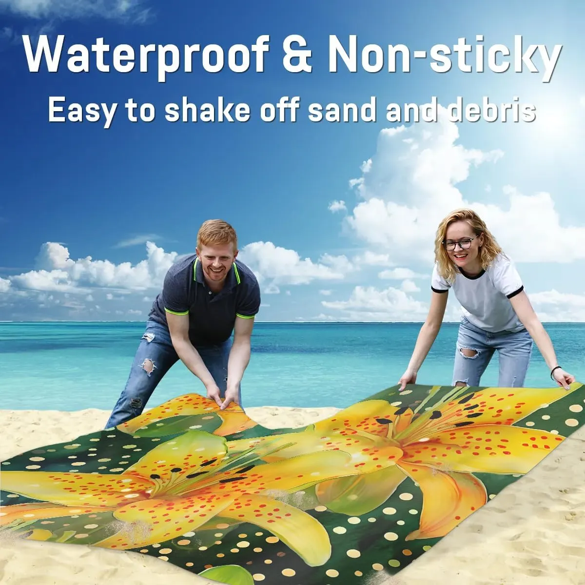 Beach Blanket, Summer Lily Sandproof Beach Mat, Waterproof Quick Drying Sand Free Mat with 4 x Ground Spikes for Outdoor Travel Camping Hiking, Floral 68 x 59 in