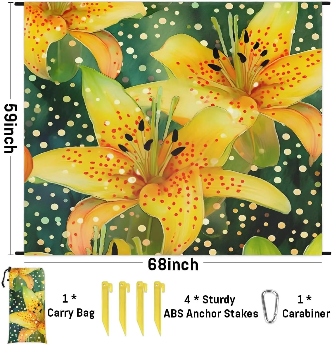 Beach Blanket, Summer Lily Sandproof Beach Mat, Waterproof Quick Drying Sand Free Mat with 4 x Ground Spikes for Outdoor Travel Camping Hiking, Floral 68 x 59 in
