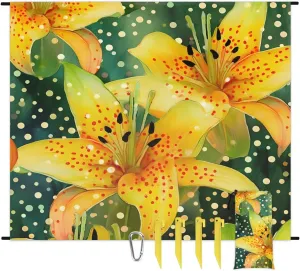 Beach Blanket, Summer Lily Sandproof Beach Mat, Waterproof Quick Drying Sand Free Mat with 4 x Ground Spikes for Outdoor Travel Camping Hiking, Floral 68 x 59 in
