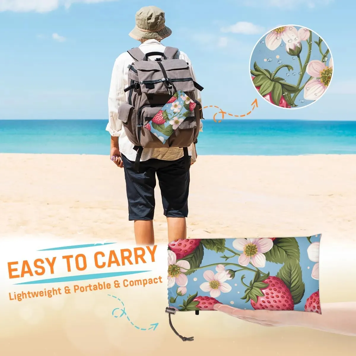 Beach Blanket, Sweet Strawberry Sandproof Beach Mat, Waterproof Quick Drying Sand Free Mat with 4 x Ground Spikes for Outdoor Travel Camping Hiking, Flower 68 x 59 in