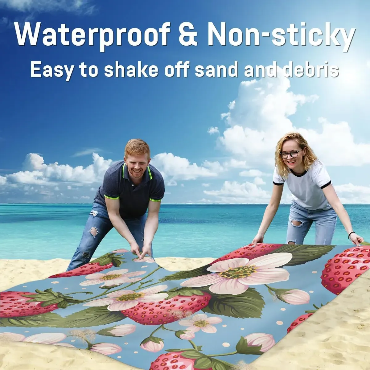 Beach Blanket, Sweet Strawberry Sandproof Beach Mat, Waterproof Quick Drying Sand Free Mat with 4 x Ground Spikes for Outdoor Travel Camping Hiking, Flower 68 x 59 in