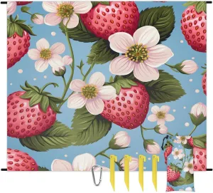 Beach Blanket, Sweet Strawberry Sandproof Beach Mat, Waterproof Quick Drying Sand Free Mat with 4 x Ground Spikes for Outdoor Travel Camping Hiking, Flower 68 x 59 in