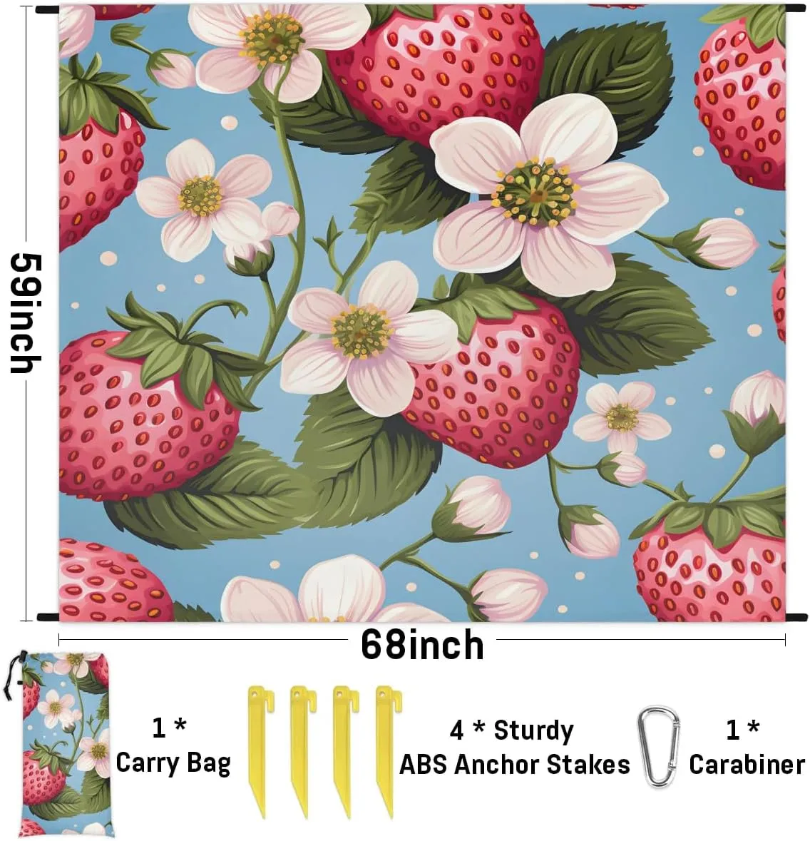 Beach Blanket, Sweet Strawberry Sandproof Beach Mat, Waterproof Quick Drying Sand Free Mat with 4 x Ground Spikes for Outdoor Travel Camping Hiking, Flower 68 x 59 in