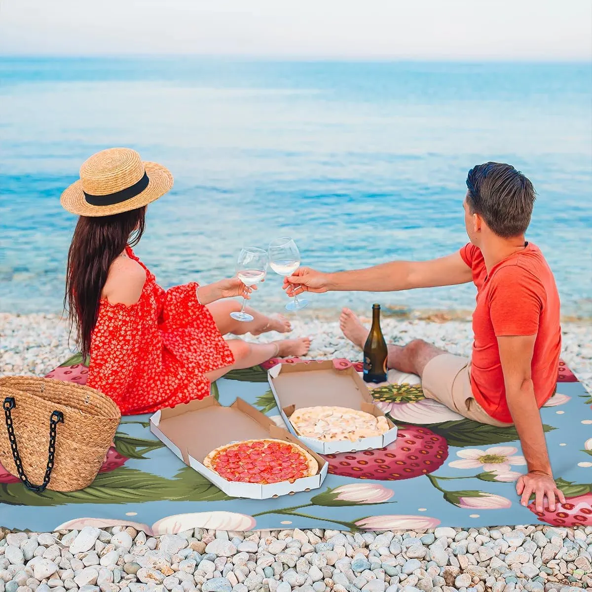 Beach Blanket, Sweet Strawberry Sandproof Beach Mat, Waterproof Quick Drying Sand Free Mat with 4 x Ground Spikes for Outdoor Travel Camping Hiking, Flower 68 x 59 in